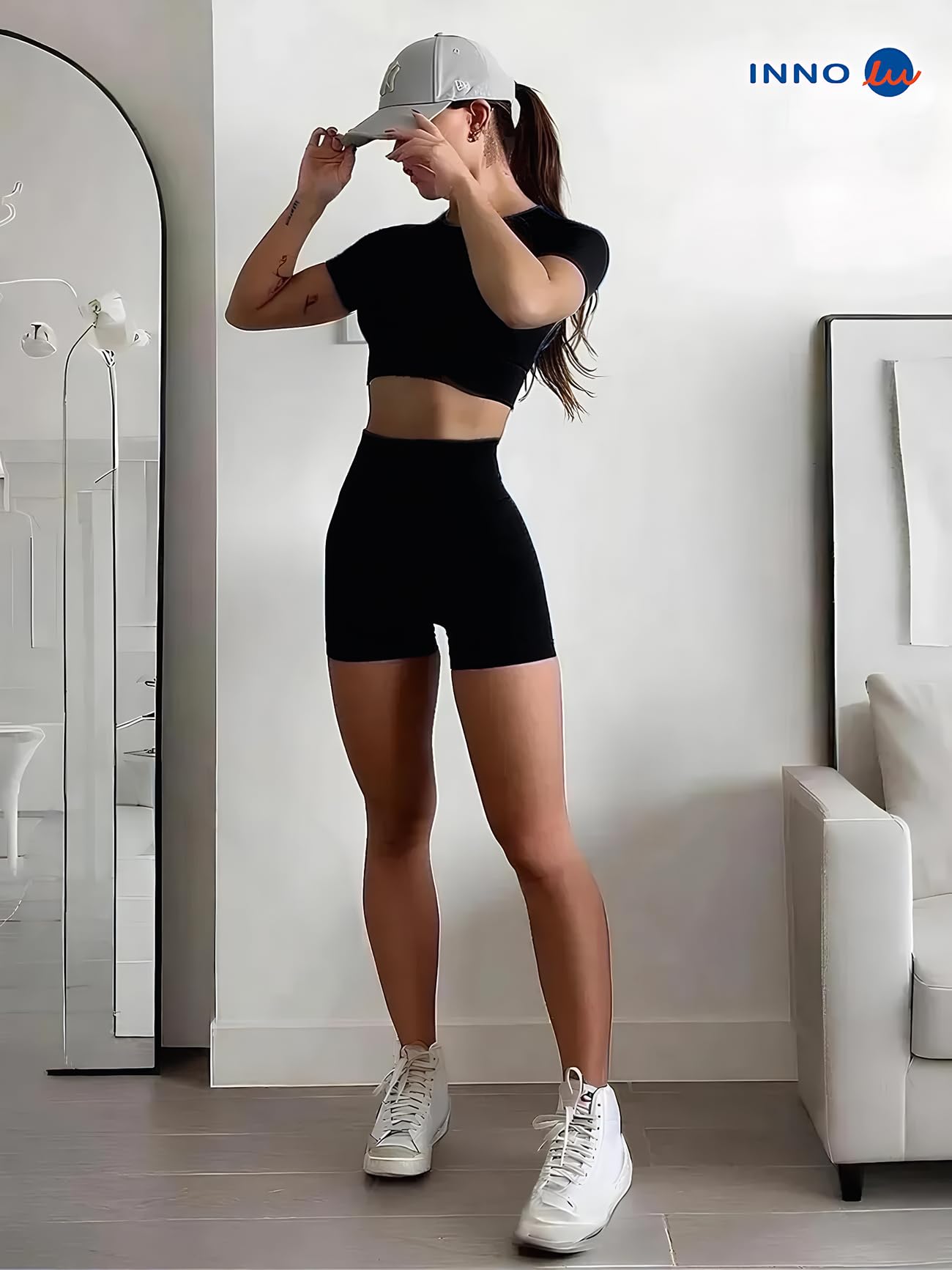 Conjuntos de Entrenamiento para Mujer Top Corto Costuras 2 Piezas Pantalones Cortos Cintura Alta Ropa Yoga Fitness Gimnasio