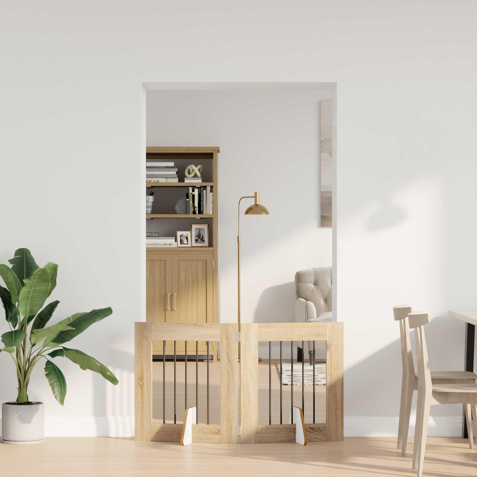 Puerta para perros con soporte, 2 unidades, roble Sonoma, 60 x 60 cm, plegable, portátil, modular, ampliable, protección ampliable, barrera segura para entrenamiento de cachorros