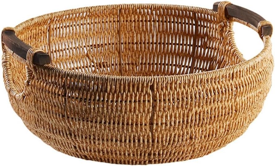 Wicker Storage Basket with Wooden Handles for Kitchen Serving, Bathroom Organization, and Home Decor Display