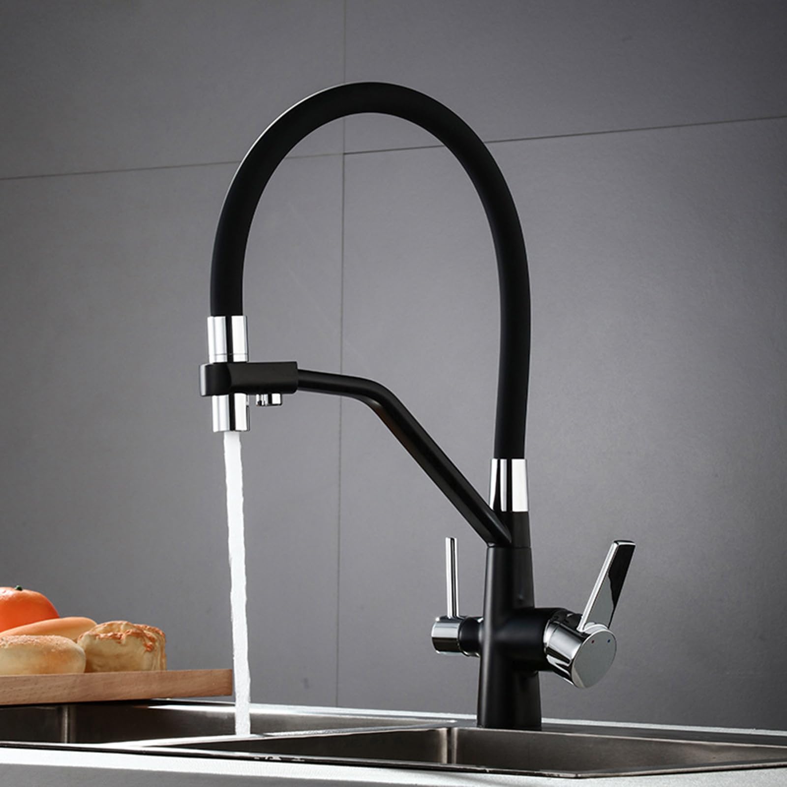 Mélangeur d'évier élégant 3 voies pour osmoseur avec flexible noir haut de gamme