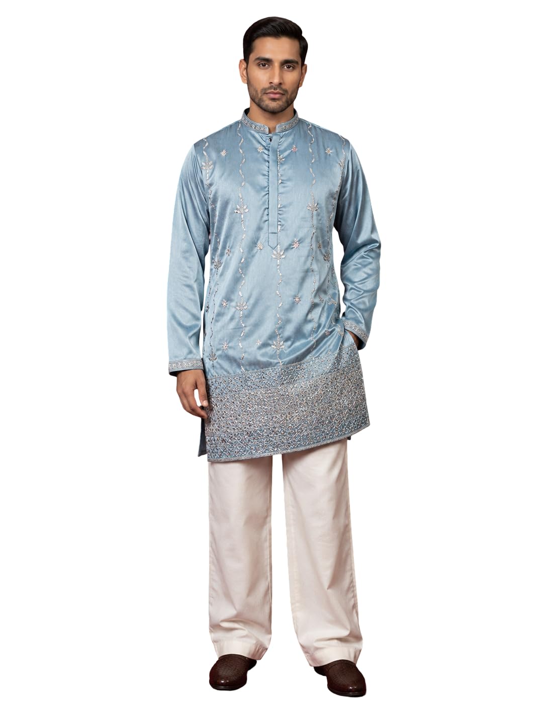 Men's Silk Blend Embroidered Kurta with Korean Pants Set-image-45