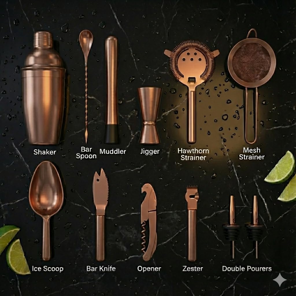 Highball & Chaser 13-Piece Cobbler Cocktail Shaker Set Matte Copper Stainless Steel Bartender Kit For Home Bar Cocktail Set Laser Engraved Cocktail Tools Plus E-Book with 30 Different Cocktail Recipes - Image 3
