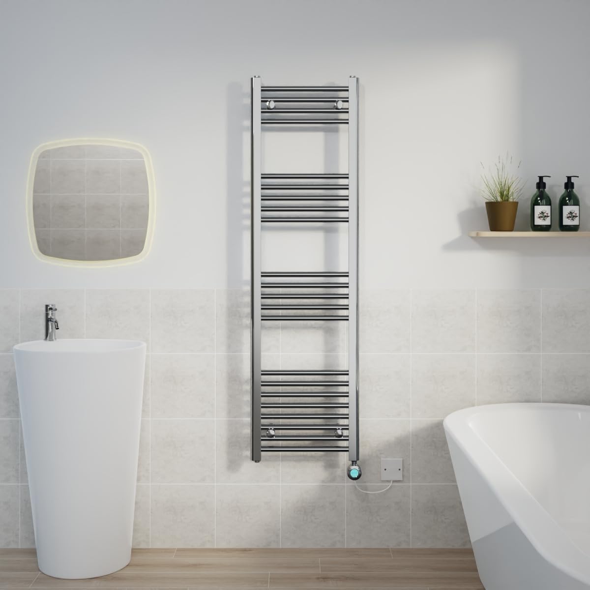 Warmehaus Chrome Prefilled Electric Thermostatic Heated Towel Rail Bathroom Ladder Radiator Straight With 800W Lcd Display Timer Electric Heating Element 1400X400mm