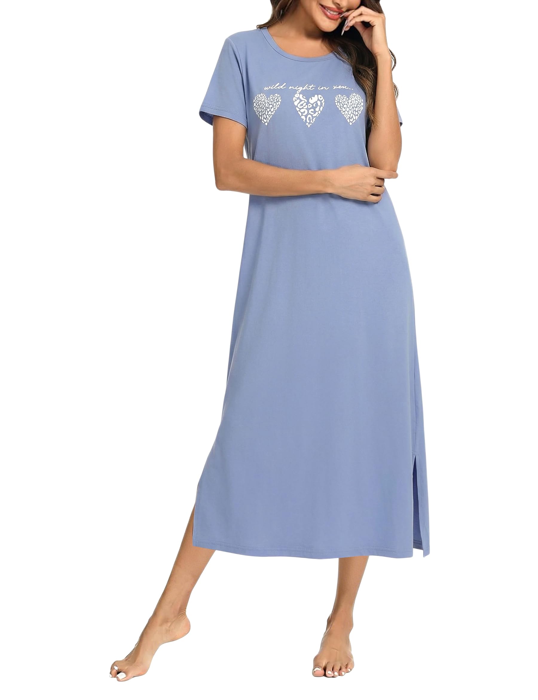 Jahetuul Damen Nachthemd Kurzarm Schlafshirt lang mit Herzmuster Schlafkleid Frau bequemes Nachtkleid Maxikleid Nachtwäsche Sleepshirt Nightdresses