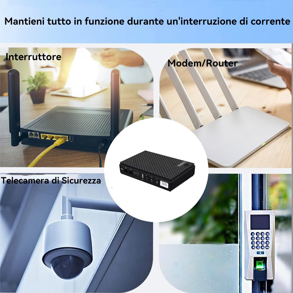 Mini UPS Batteria di Backup per Router, con10400mAh con POE, Uscita USB 5V/2A DC 5V/9V/12V 2A per Modem, Telecamere di Sicurezza, Smartphone