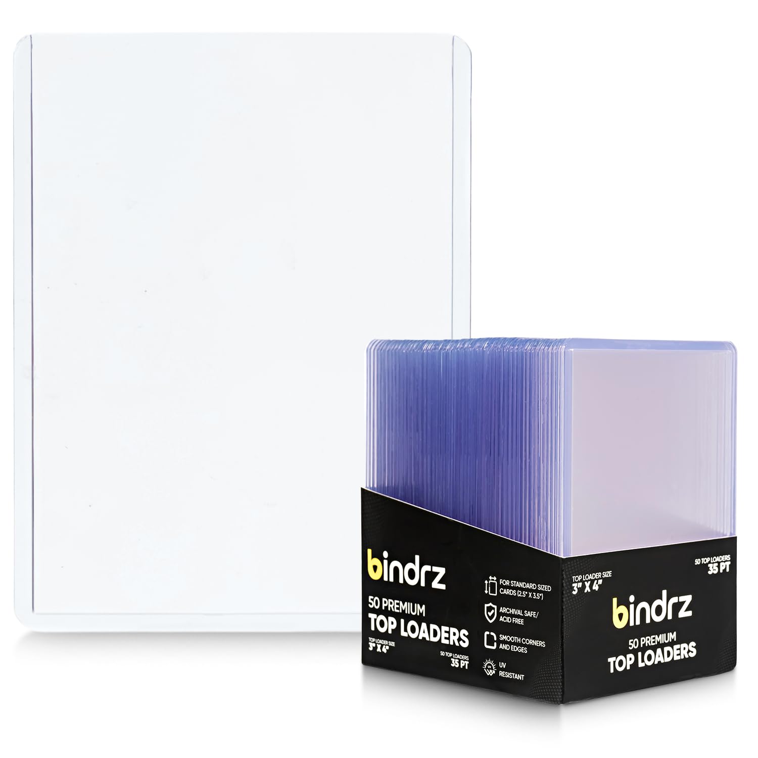 bindrz 50 Top Loaders Card Protector - 3” x 4” 35PT Rigid Toploaders - Archival Safe Hard Plastic Holder for CCG TCG MTG and Sports Cards (50)