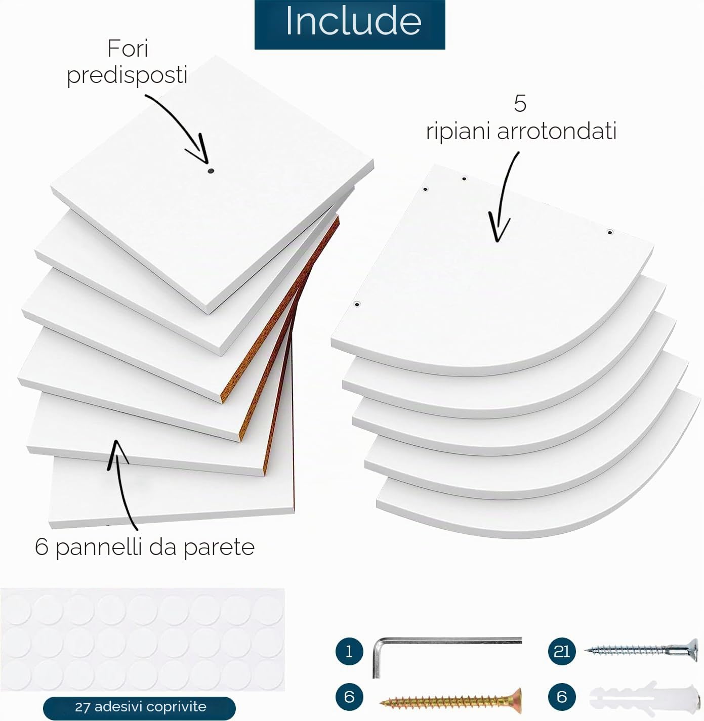 edihome, Libreria Angolare, Scaffale da Parete, 5 Ripiani, 123 x 19,2cm, Legno Natural, Mensole da Muro Design, Cucina, Camera (Bianco)