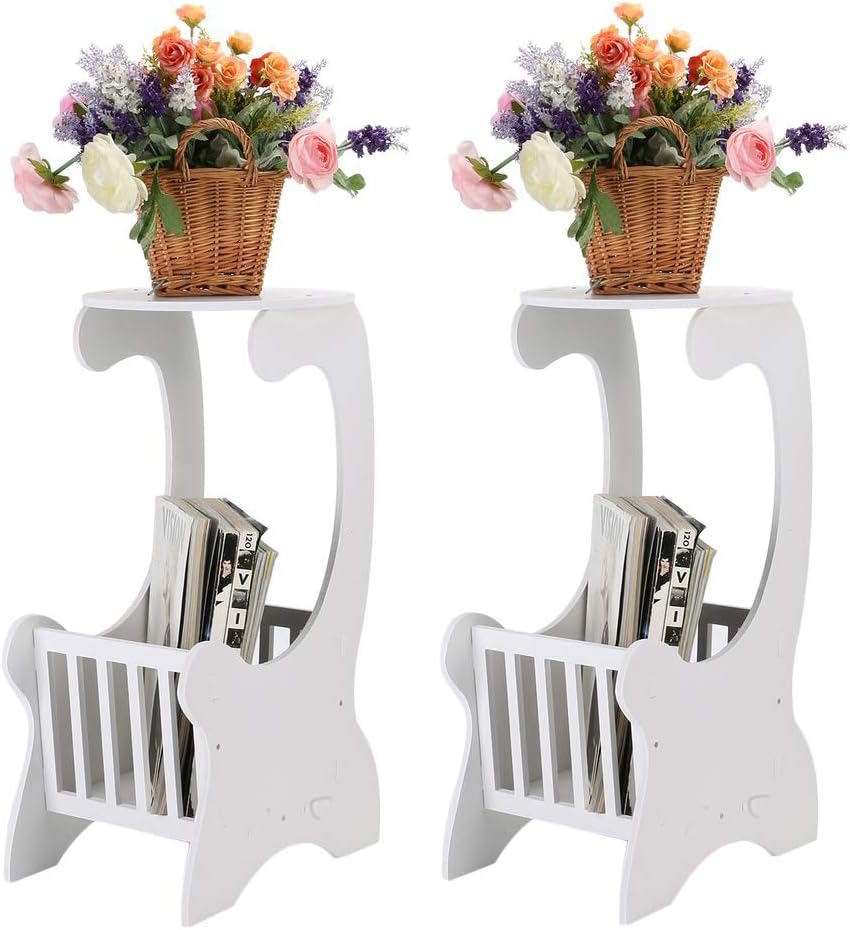KATHER Wooden Round Coffee Table with Magazine Rack, End Side Table Corner Lamp Stand White (2 Pack)