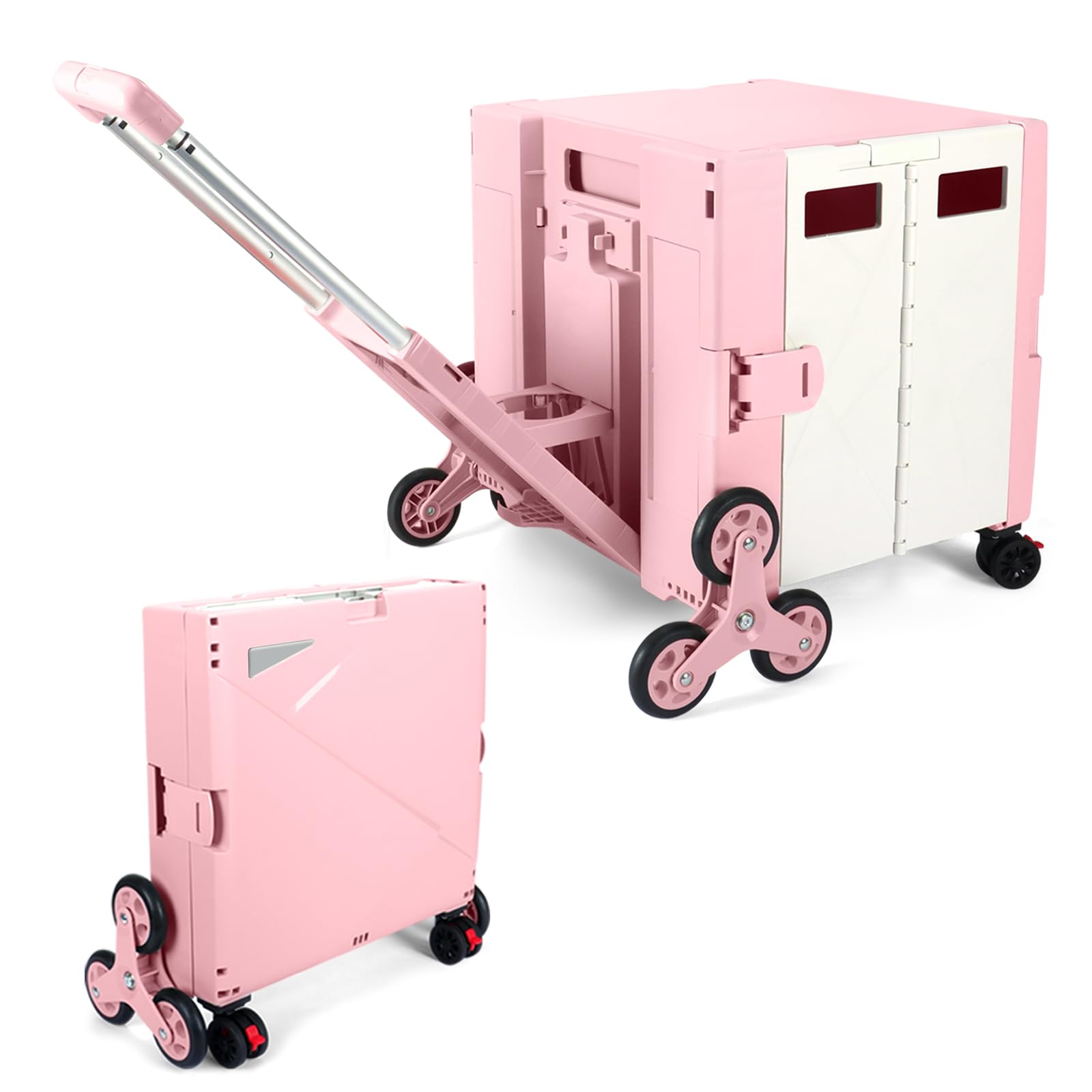 LexonElec x SELORSS Carrello della Spesa Pieghevole con Ruote Saliscale, Manico Telescopico Regolabile in Alluminio e Coperchio, Scatola Utile Pieghevole, Carrello Portatile, 90KG/76L - Rosa Bianco