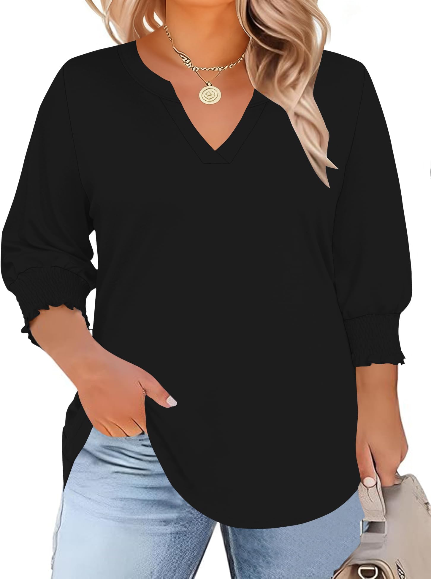 Womens Plus Size Tops 3/4 Sleeve Blouses Summer V Neck Shirts Smocked Cuffs Spring Outfits 1X-5X