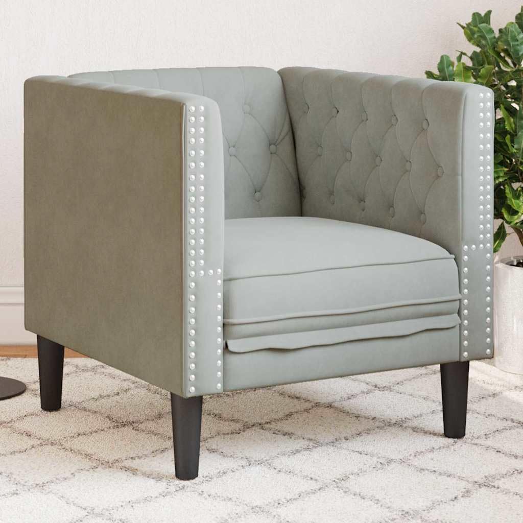 Divano in velluto grigio chiaro 74,5 x 71 x 70,5 cm con rivestimento a bottoni e braccioli rotondi per soggiorno, salotto, camera, ufficio, arredamento relax e comfort