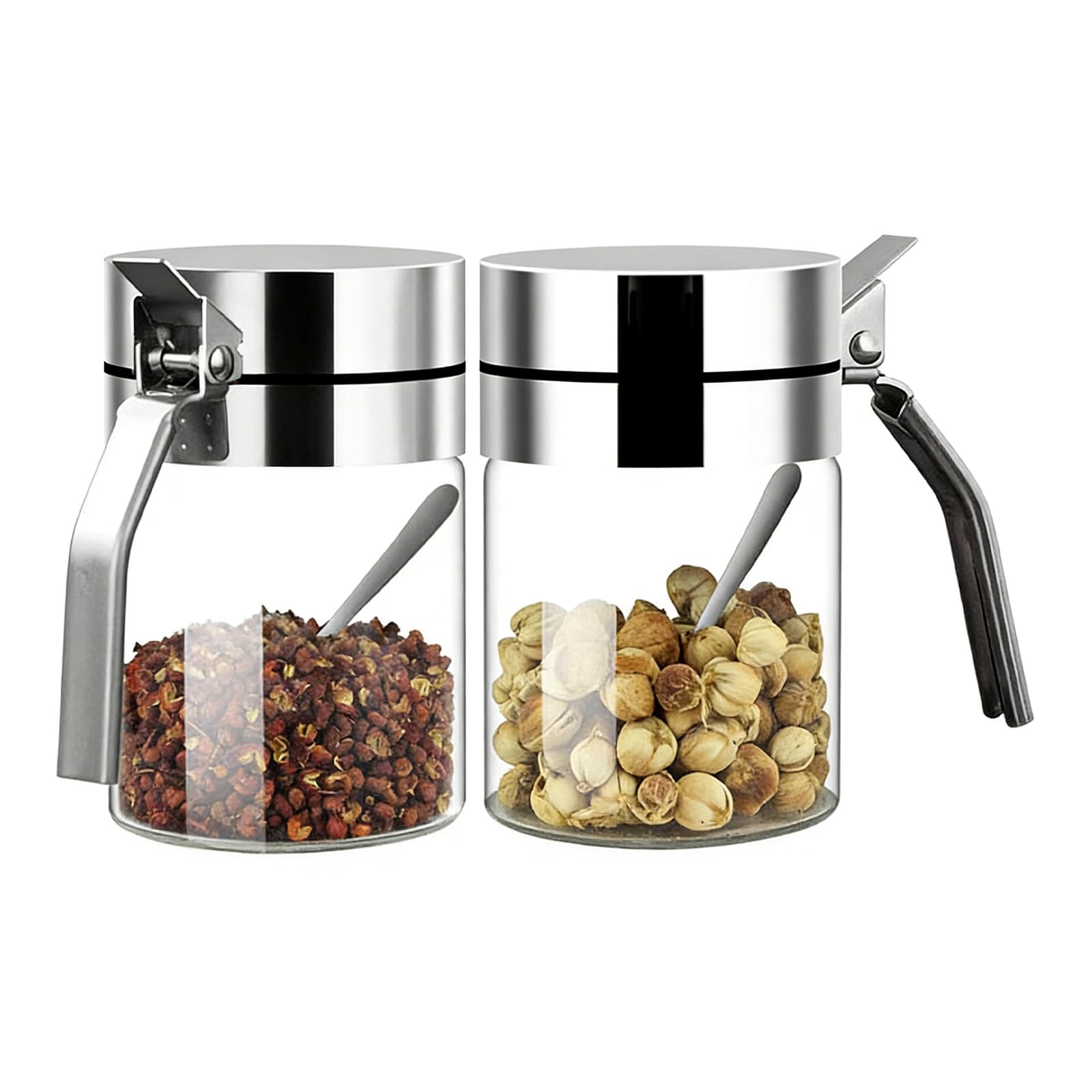 Kaeltsyn Condiment Jar Spiced Container with Stainless Steel Lid and Spoon,Clear Glass Canisters Pots Seasoning Box Jar Spiced Container with Lid and Spoon