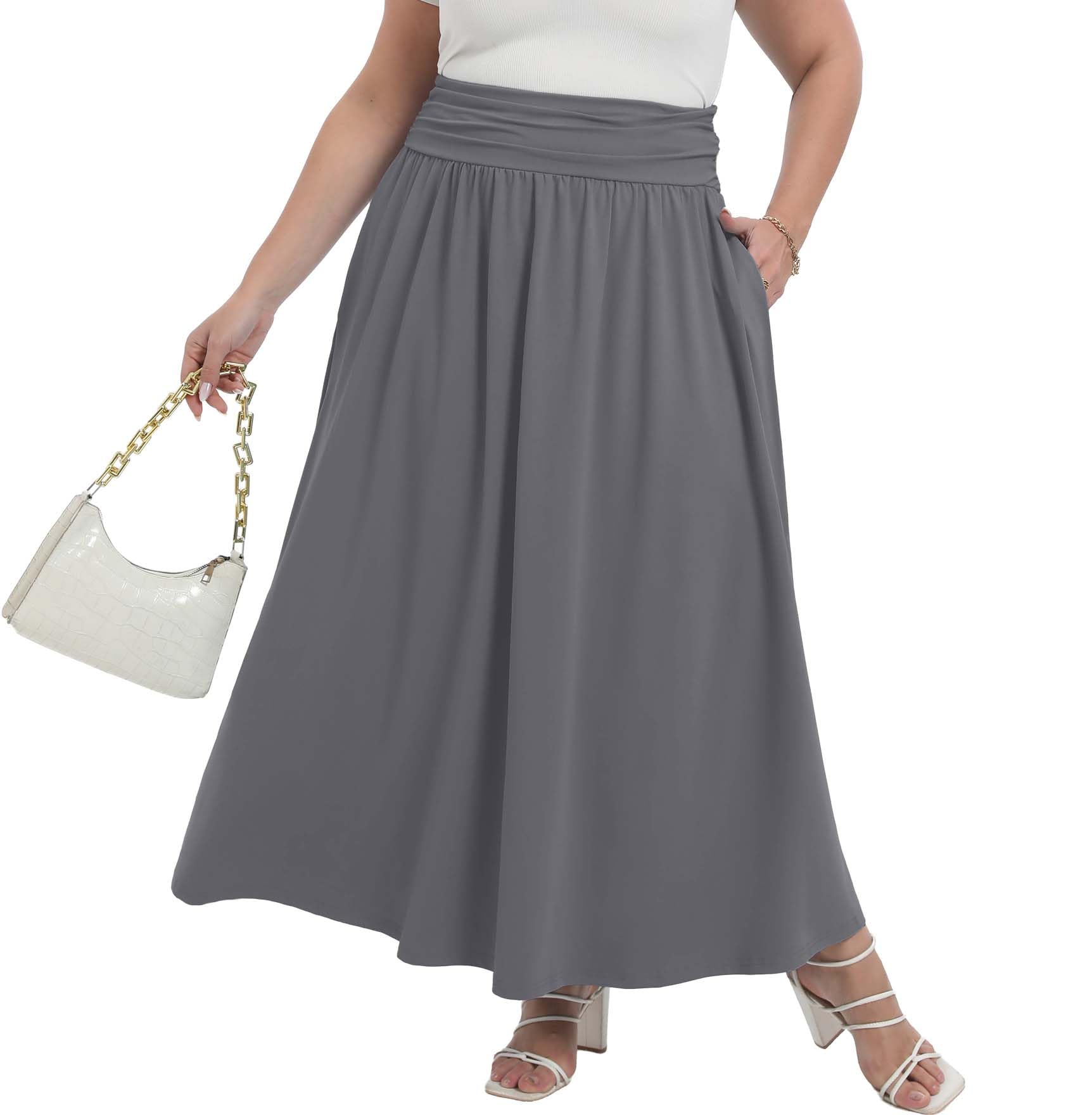 OLRIK Plus Size Maxi Skirt with Pockets 2026 Summer Elastic High Waisted A-Line Flowy Long Skirts
