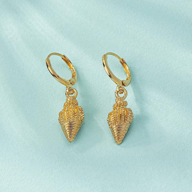 Gold Shell Charm Hoop Earrings for Women Bohemian Style Conch Dangle Drop Earrings Hypoallergenic Lightweight Small Hoop Earrings Vintage Summer Seaside Ocean Jewelry - Image 6