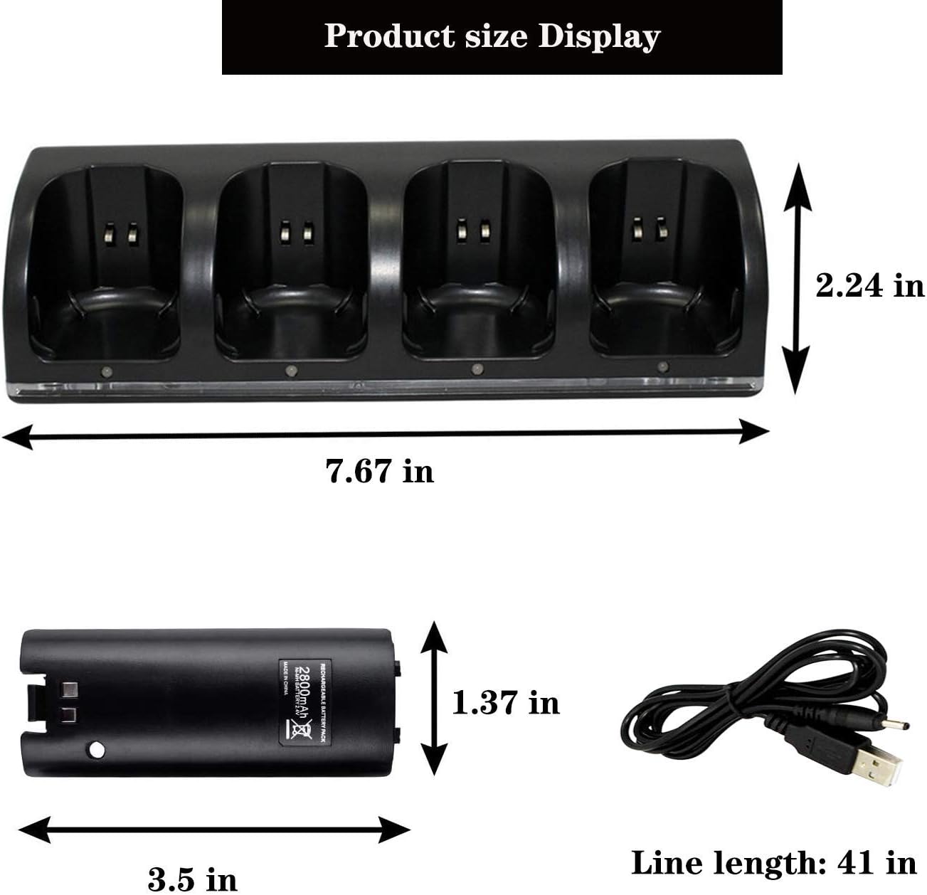 VTone Charging Station for Wii Remotes, 4 in 1 Controller Charger Dock with 4 pcs 2800mAh Rechargeable Battery Pack for Wii Remote Controller (Black)