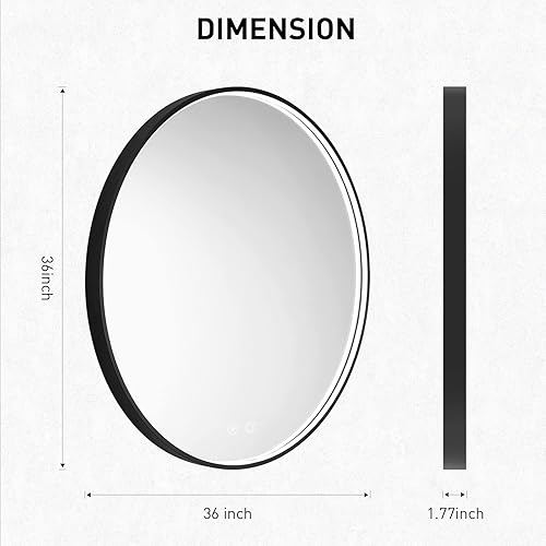 Miniatura 8 de Espejo redondo LED, espejo de baño con marco de metal negro de 36 pulgadas con luz, espejo de tocador iluminado de 6000 K, montaje en pared,