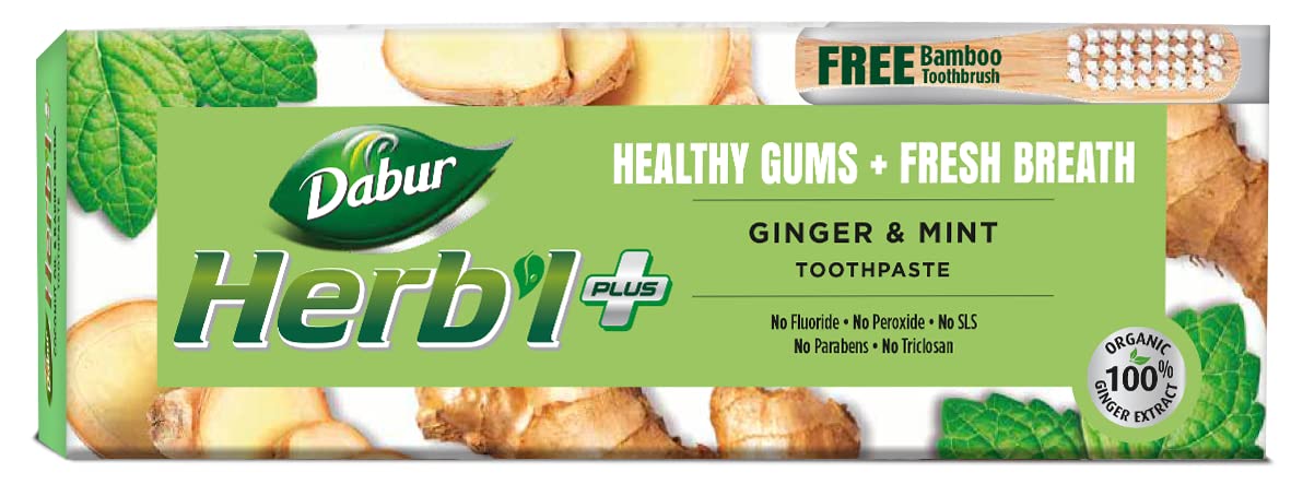 DaburHerb'l Plus Toothpaste 150gm with Free Bamboo Toothbrush | With Ginger & Mint |For Healthy Gums and Fresh Breath