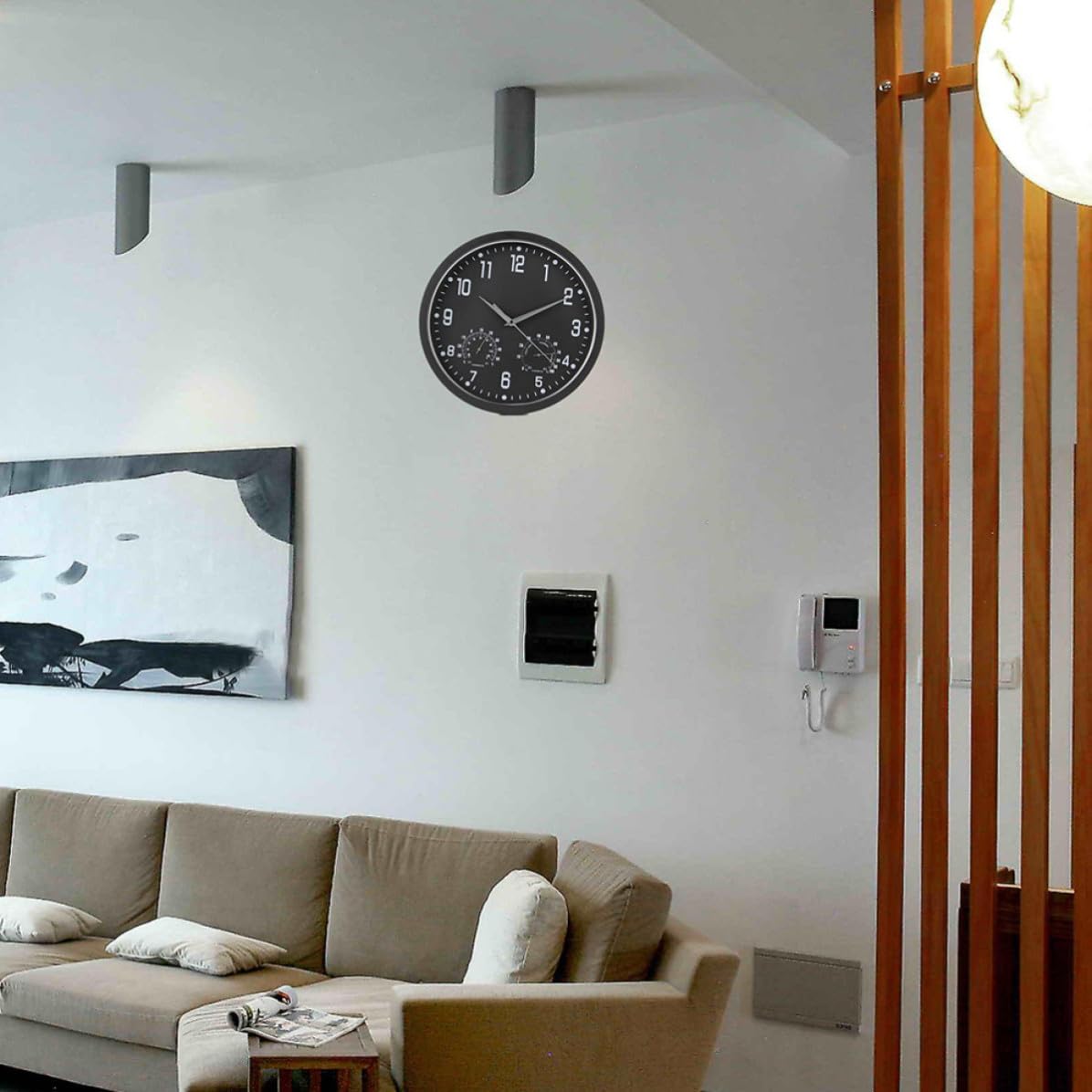 DECHOUS Reloj de Pared Moderno Termómetro y Higrómetro Diseño Retro Elegante Números Grandes y Movimiento de Cuarzo Silencioso para Salón Dormitorio y Oficina Marco Negro y Agujas