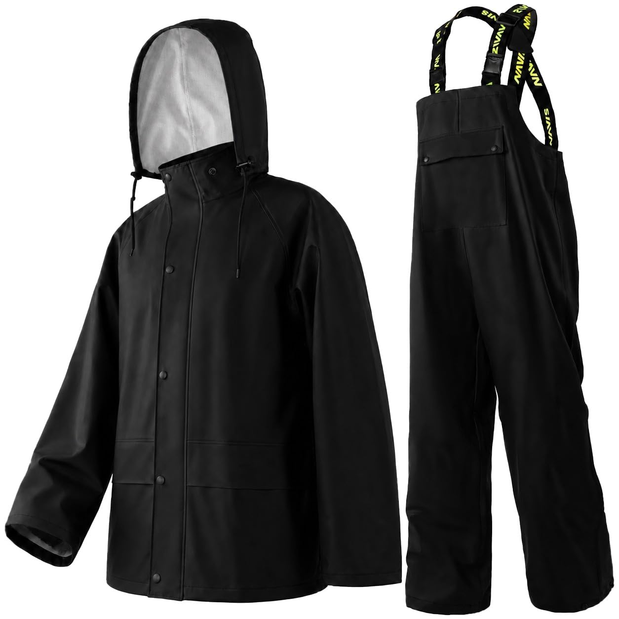 Tuta Antipioggia Impermeabile per uomo - Giacca e Salopette da Pioggia con Cappuccio Rimovibile, Abbigliamento da Lavoro in PU Robusto per Edilizia, Industria, Pesca(Black,S)