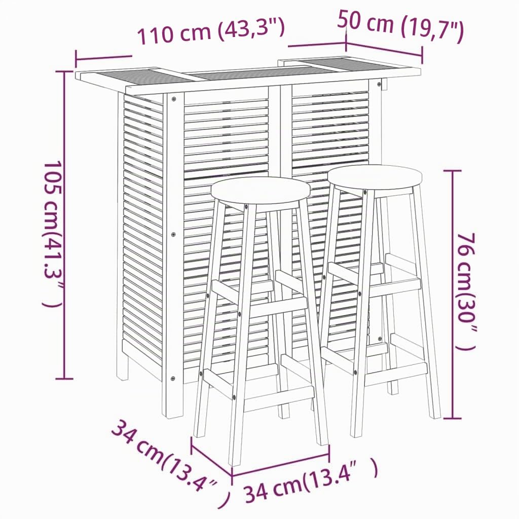 vidaXL Ensemble de Bar de Jardin 3 pcs Mobilier de Patio Table et Tabourets de Bistrot Meubles de Terrasse Extérieur Bois d'Acacia Solide