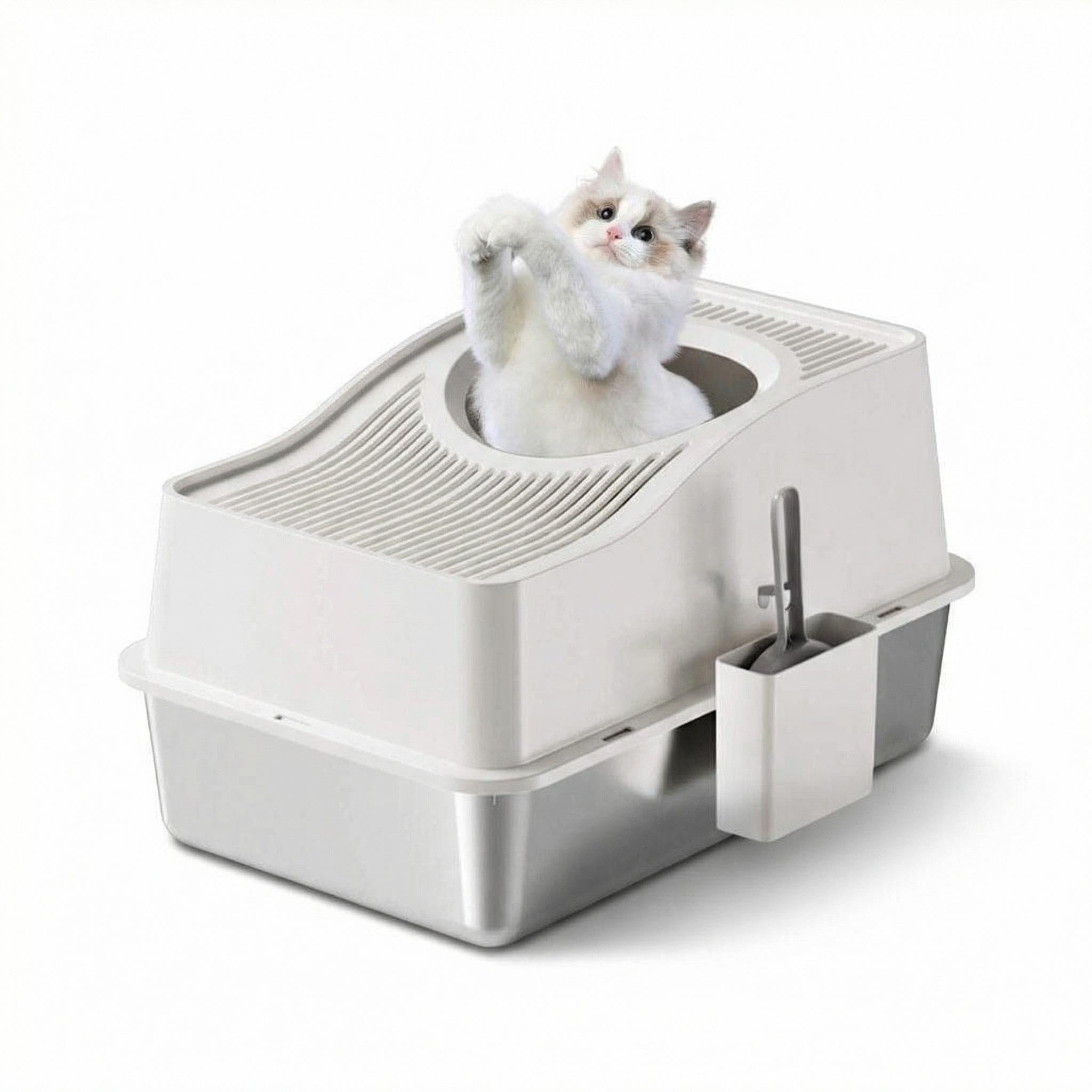 Stainless Steel Enclosed Cat Litter Box with Lid, Top Entry High-Sided Litter Box for Large Cats, Odor-Resistant & Easy Clean Kitty Litter Pan – 60x40x34.5cm White Base, Anti-Scatter Design