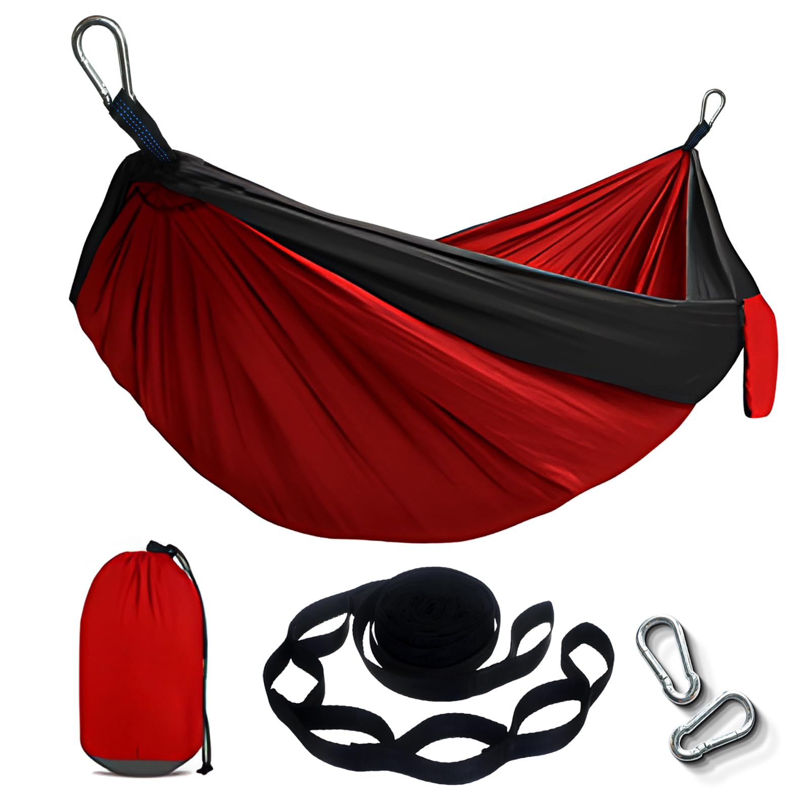 Portable Hammock and Travel Lightweight Backpacking Hammocks Swing with Stainless Steel Clip and Tree Straps for Camping Hiking Backyard Lounging Outdoor Hammock (Red+Black)