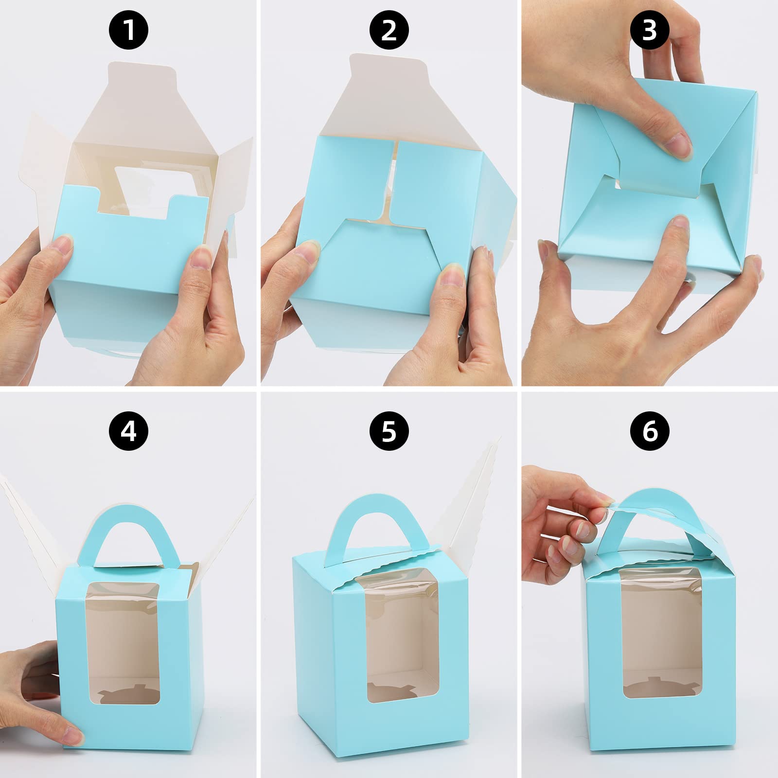 100 cajas para cupcakes con asa de ventana e insertos para regalo de boda, fiesta de cumpleaños (azul)