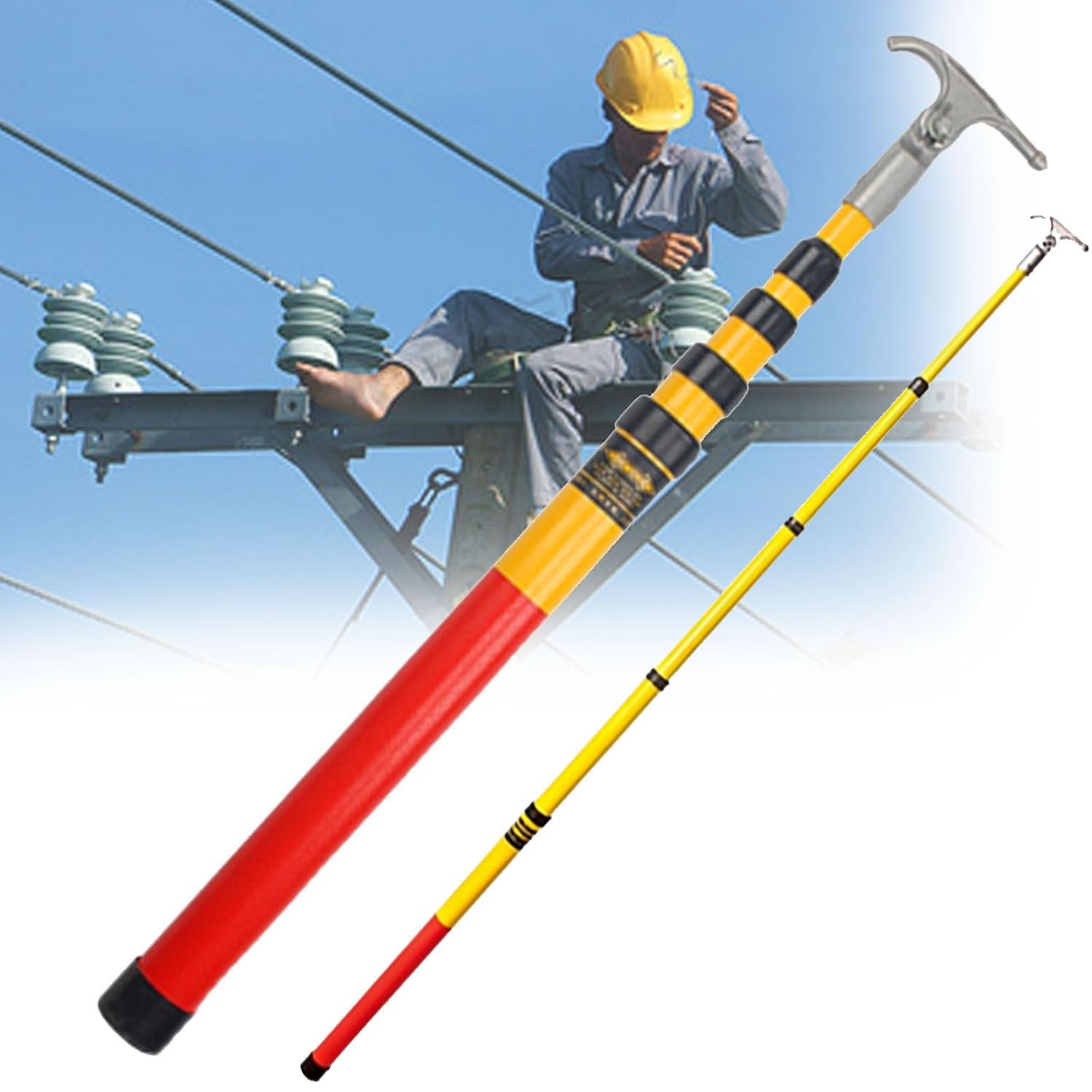 YEHOZZ High Voltage Insulated Rescue Hook with Multi-Angle Adjustable Hookhead,Telescopic Insulation Operating Poles for Electricians Linemen Power Station & Factory Maintenance 6m/19.6ft