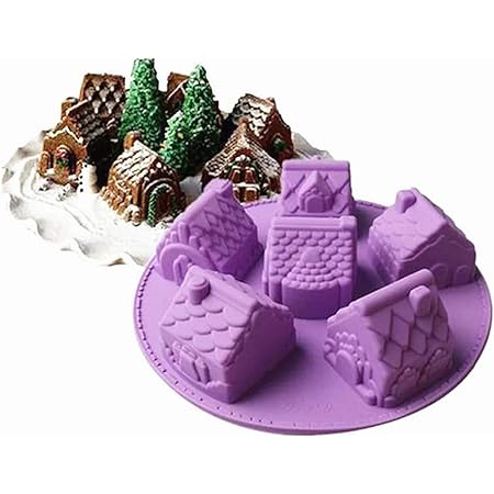 Joyeee 1 Pack House Shape Silicone Mold, 6 Cavity Non-stick Cozy Village Baking Pan, House Shape Soap Mold, Mini Christmas House Cake Molds for Brownies Chocolate Jelly Pudding Cupcake Ice-cream