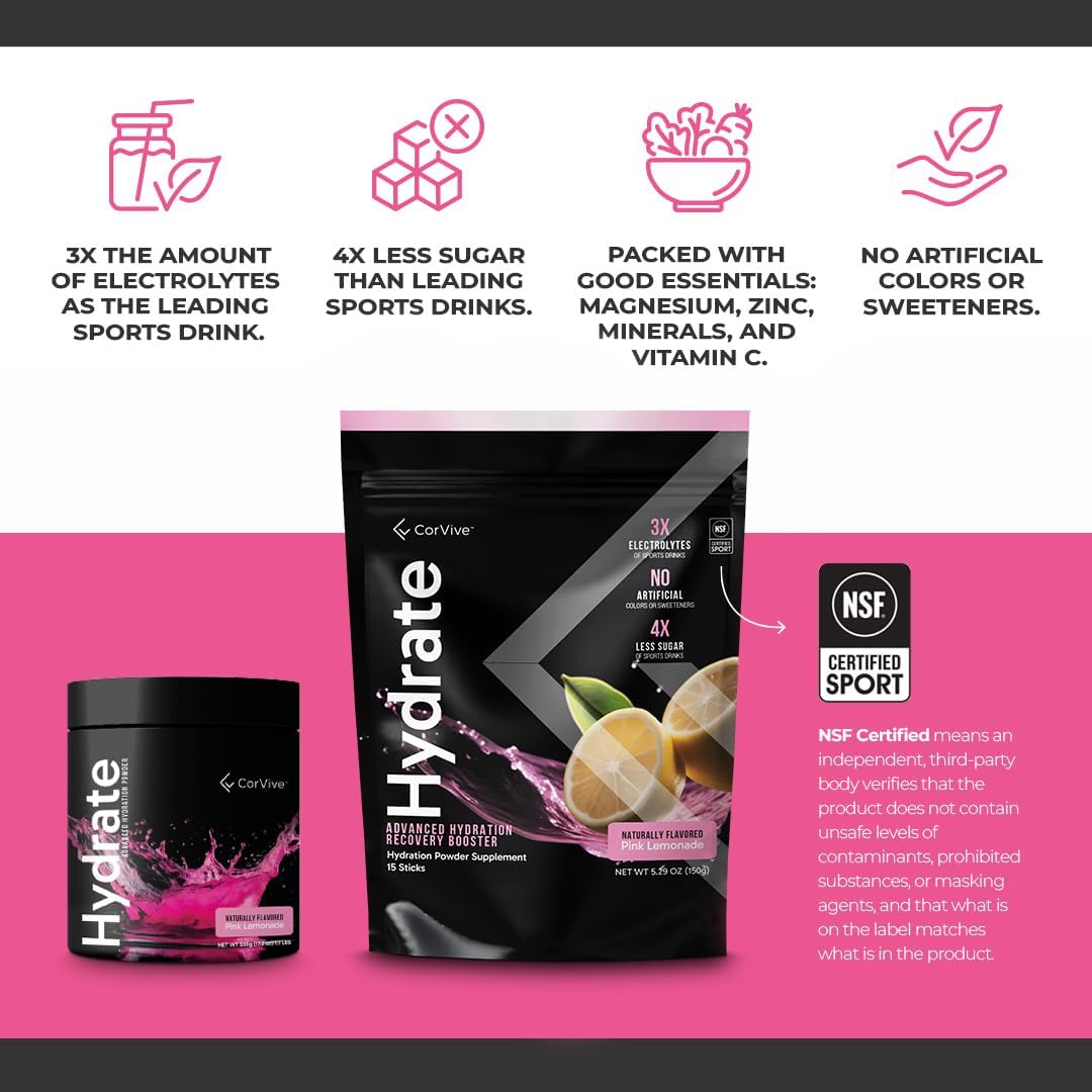 CorVive Hydrate Electrolyte Drink Mix | Pink Lemonade Flavor | NSF Certified | Electrolytes, Vitamin C, Magnesium, Zinc, Potassium | Used by Athletes & US Military | Boost Performance | 15 Packs