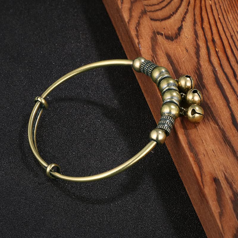 Bracelet laiton ajustable push-pull anti-perte avec clochette antique cuivrée rétro