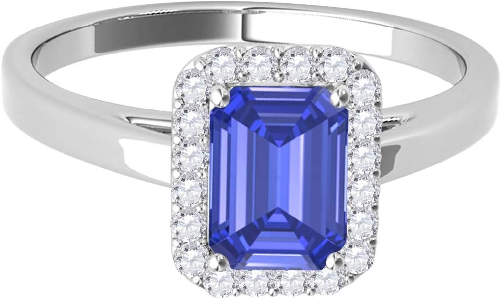 MauliJewels Rings for Women 0.68 Carat Emerald Cut Sapphire And Diamond Ring prong 10k White Gold