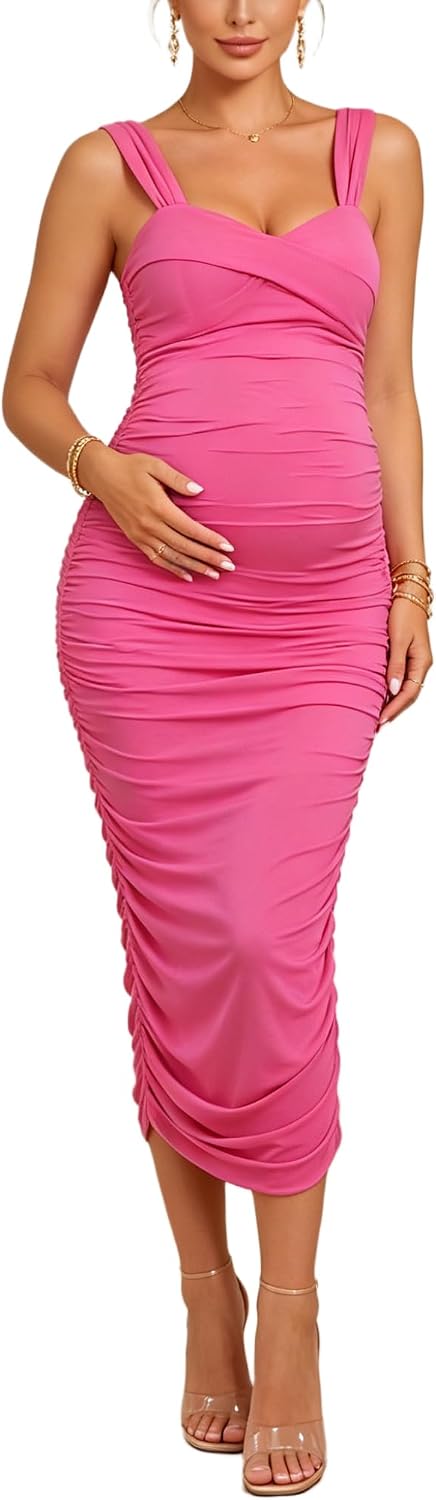 Maternity Midi Dress Wrap V Neck Ruched Spaghetti Strap Bodycon