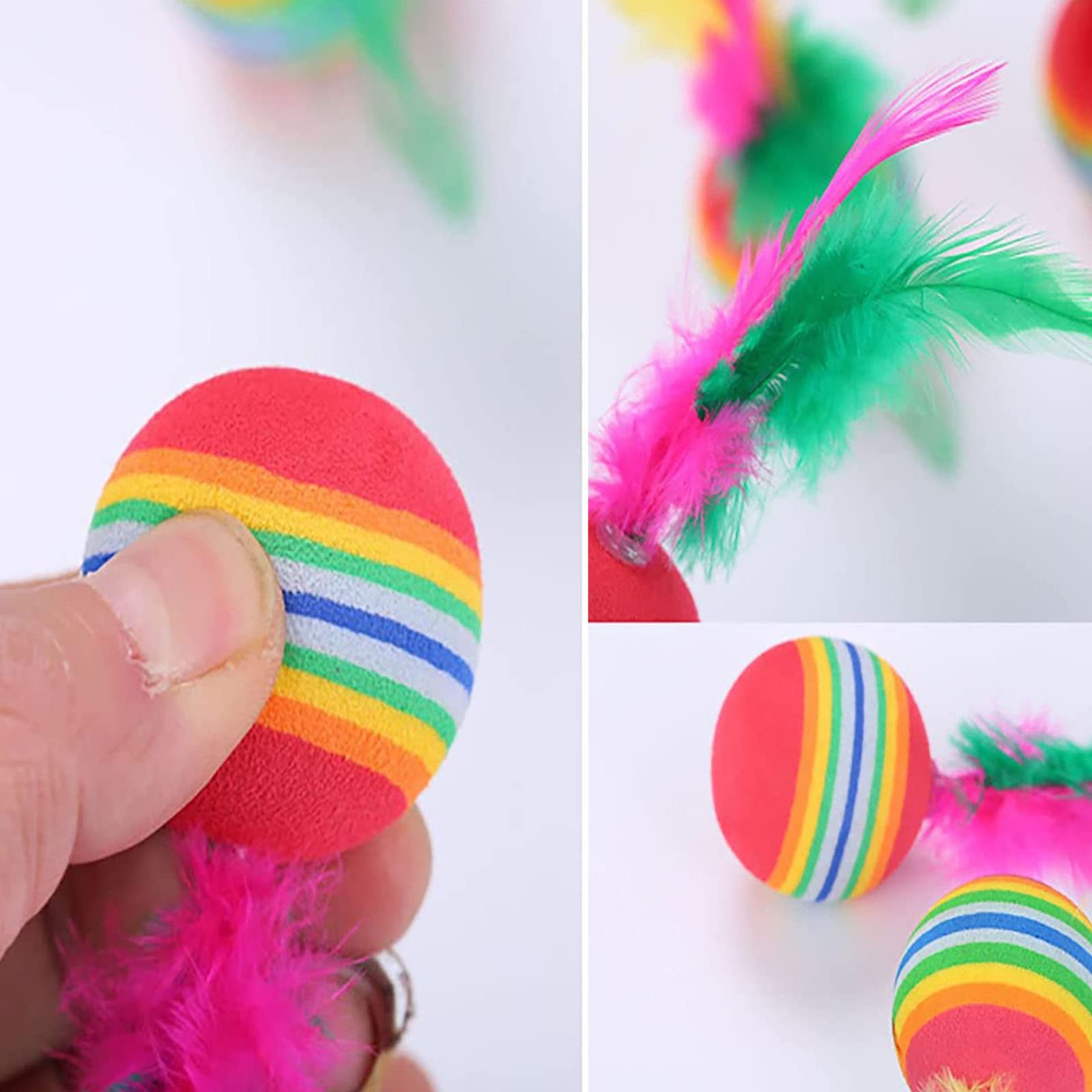 Pack of 10 Cat Toy Balls with Feather Rainbow Cat Balls Toy Interactive Kitten Toy Colourful Balls for Indoor Hunting Kitten Chew Training - Image 3