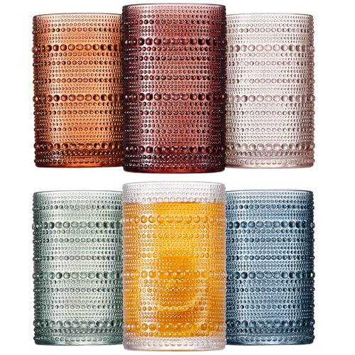 Mfacoy Colored Hobnail Drinking Glasses Set of 6, 12oz Vintage Kitchen Glassware, Embossed Beaded...