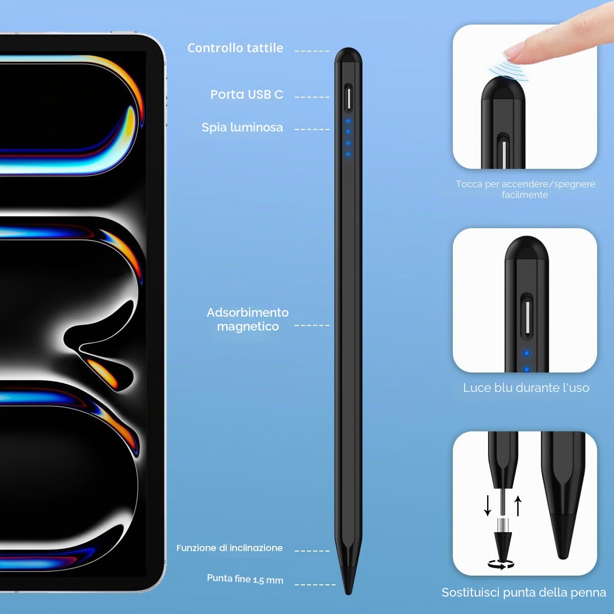 AICase Penna capacitiva, 2 in 1, pennino capacitivo, 1,45 mm, pennino capacitivo universale, ad alta precisione, compatibile con smartphone, tablet, Apple iPhone/iPad, nero
