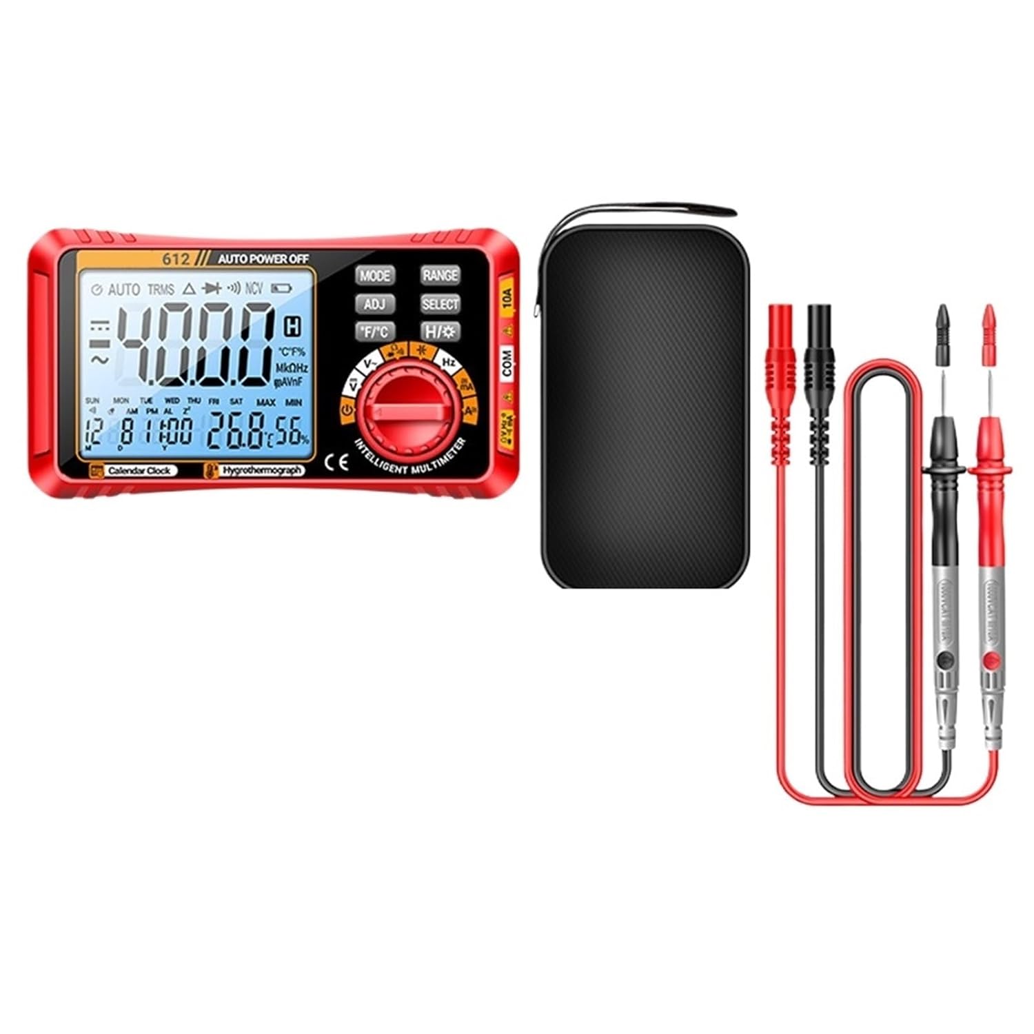 1pc Display AC/DC Digital Multimeter Three in One Calendar Temperature and Humidity Meter Auto-Ranging Multi Tester(Red)