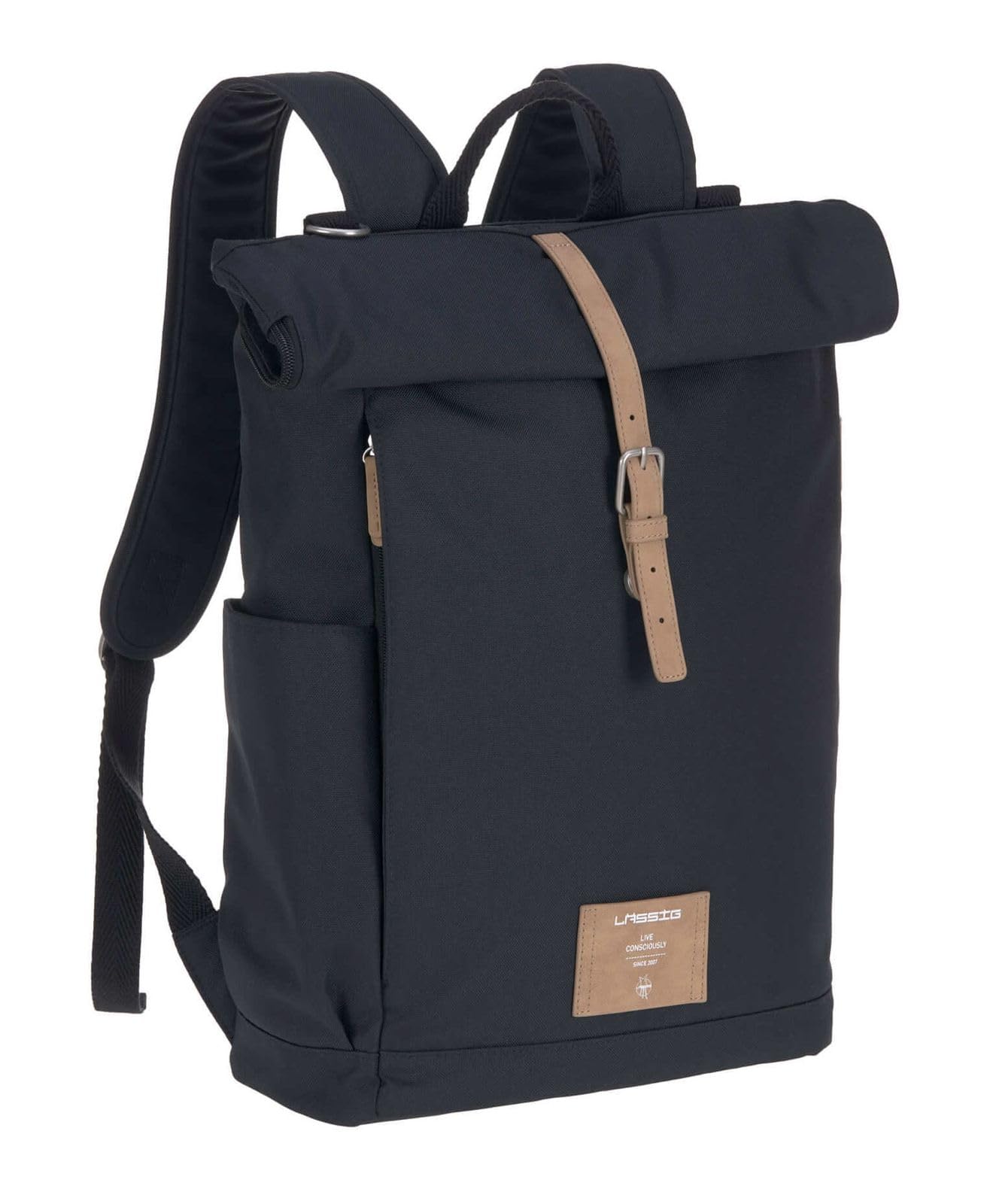 LÄSSIG Bébé Sac à Dos à Langer Sac à Dos avec Matelas à Langer, Fixation pour Poussette, Porte-Bouteille Produit durablement/GRE Rolltop Backpack Night Blue
