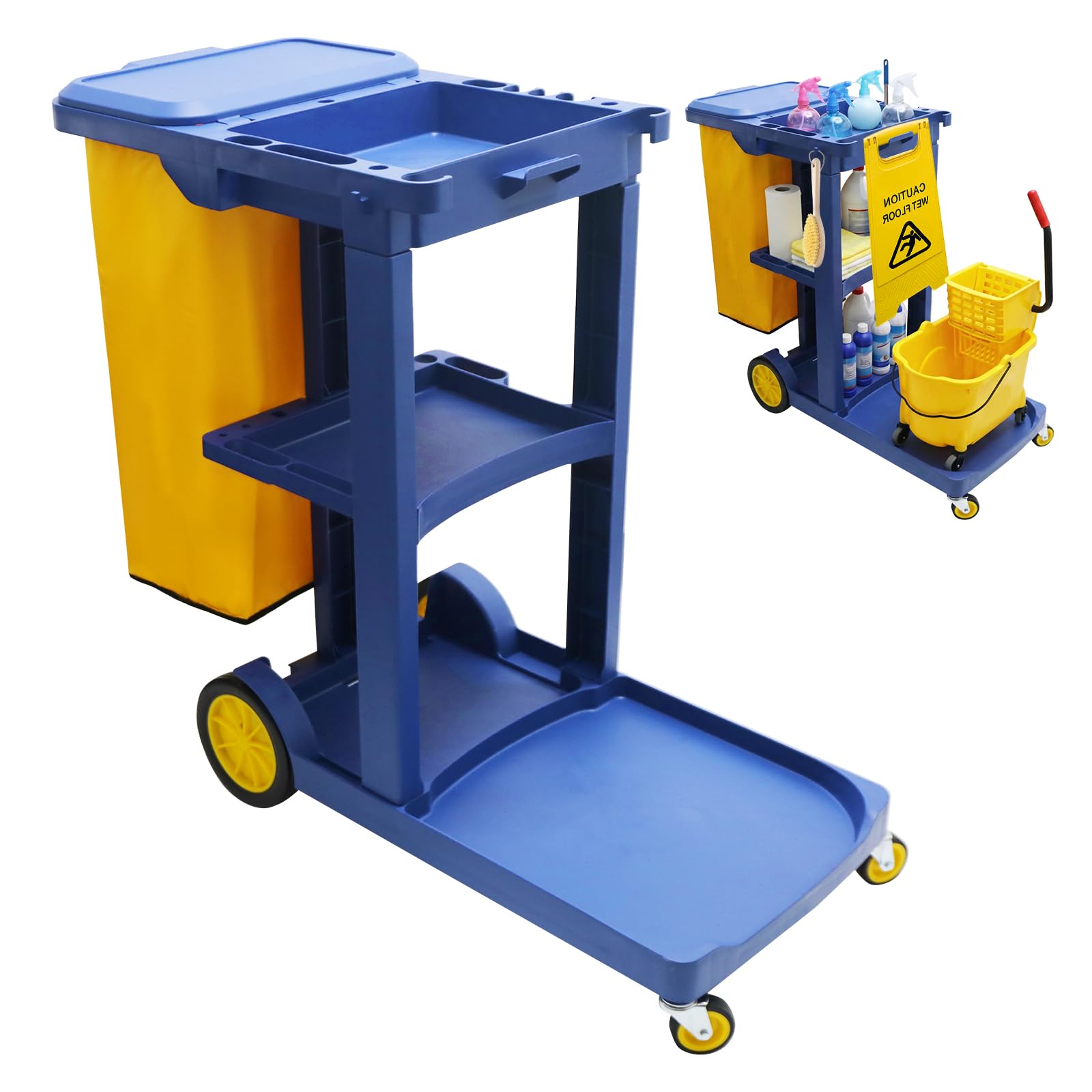 Carro de limpieza con ruedas, carrito de limpieza profesional con 3 estantes y bolsa de basura extraíble, carrito de servicio para hotel, oficina, hospital, hogar