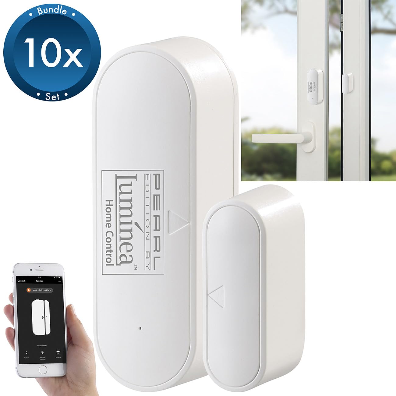 Luminea Home Control WiFi-Türsensor: 10er-Set WLAN-Tür- & Fensteralarm, App, für Alexa & Google Assistant (WLAN-Fenster-Sensor, Fenster-Kontakt-Sensoren, Home Fensterkontakt)