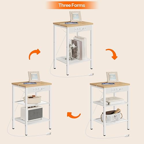 Miniatura 25 de HOOBRO Mesa auxiliar con estación de carga y puertos USB, mesita de noche de 3 niveles con estantes ajustables, mesa auxiliar pequeña para espacio