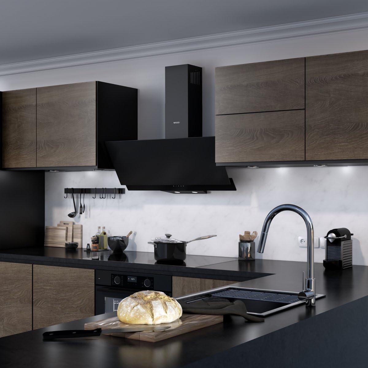Wiggo A942G - Cappa aspirante da 90 cm, senza testa I cappa di scarico 626 m³/h, display touch a 4 livelli, classe di efficienza energetica A, con 2 filtri a carbone, cappa anteriore in vetro nero