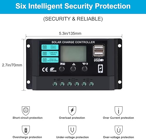 Miniatura 7 de Panel solar 20W 12V Kit de panel solar monocristalino impermeable con controlador de cargador de 10 A para remolques de vehículos recreativos,