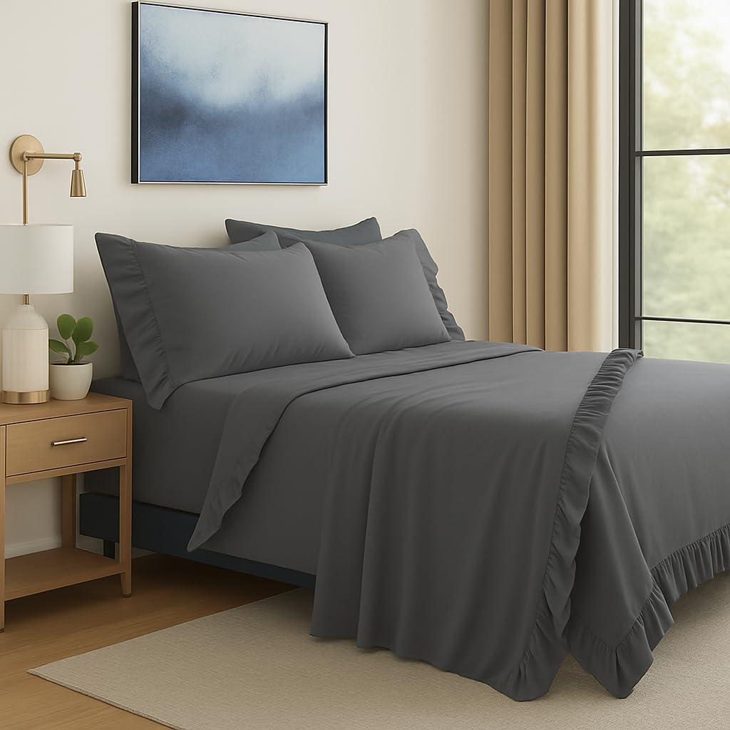 Masters House Biancheria per la Casa, Set Lenzuola Matrimoniale in Cotone 100% con Volant, 290x250 cm (Grigio Fumo, Matrimoniale)