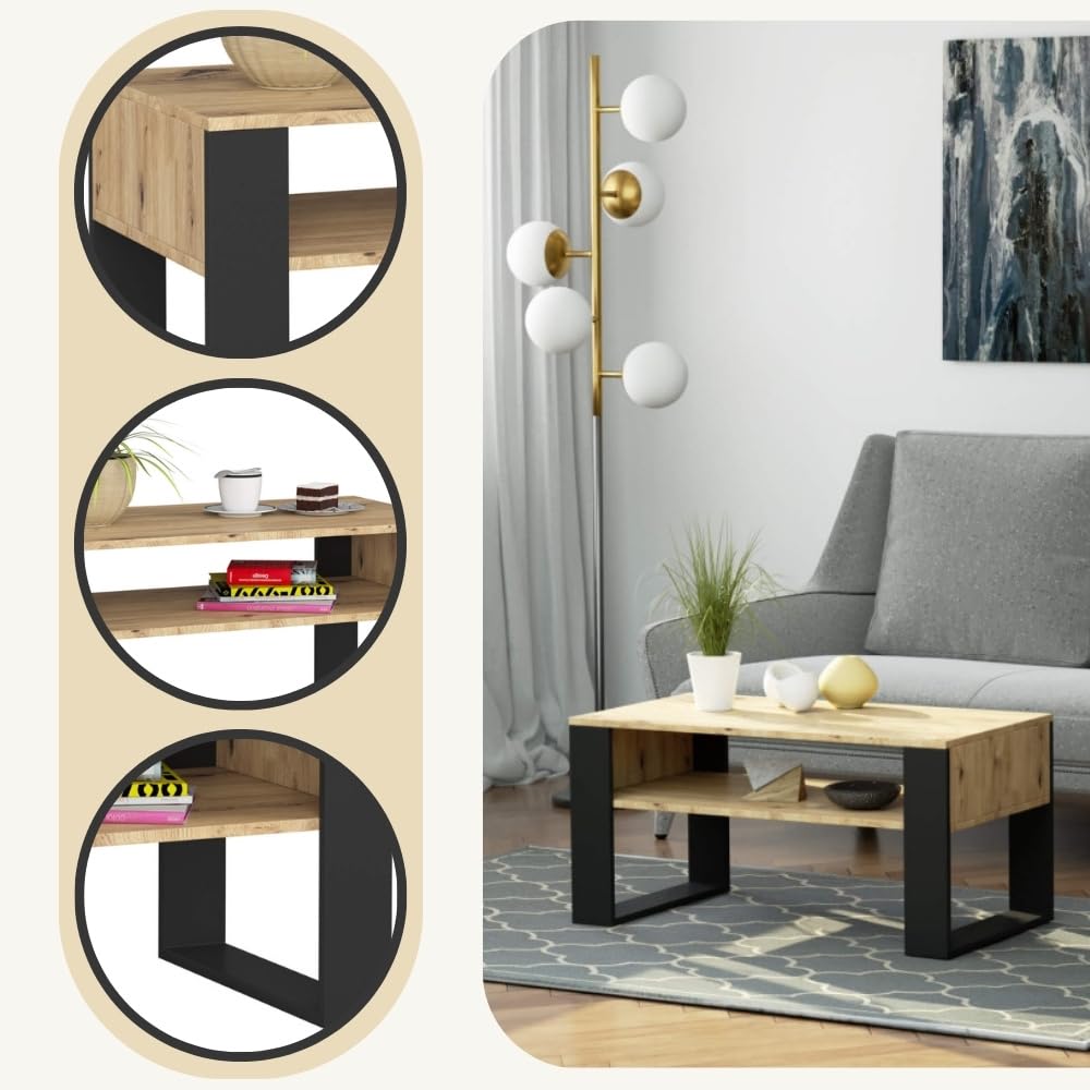 AKORD | Tavolino da Salotto in Legno - DOMI | Tavolo da Caffè con gambe un Ripiano | Coffee Table | Tavolini Basso Moderno | Arredamento Casa | 92 x 45 x 53 cm | Rovere Artigianale & Nero Frontale