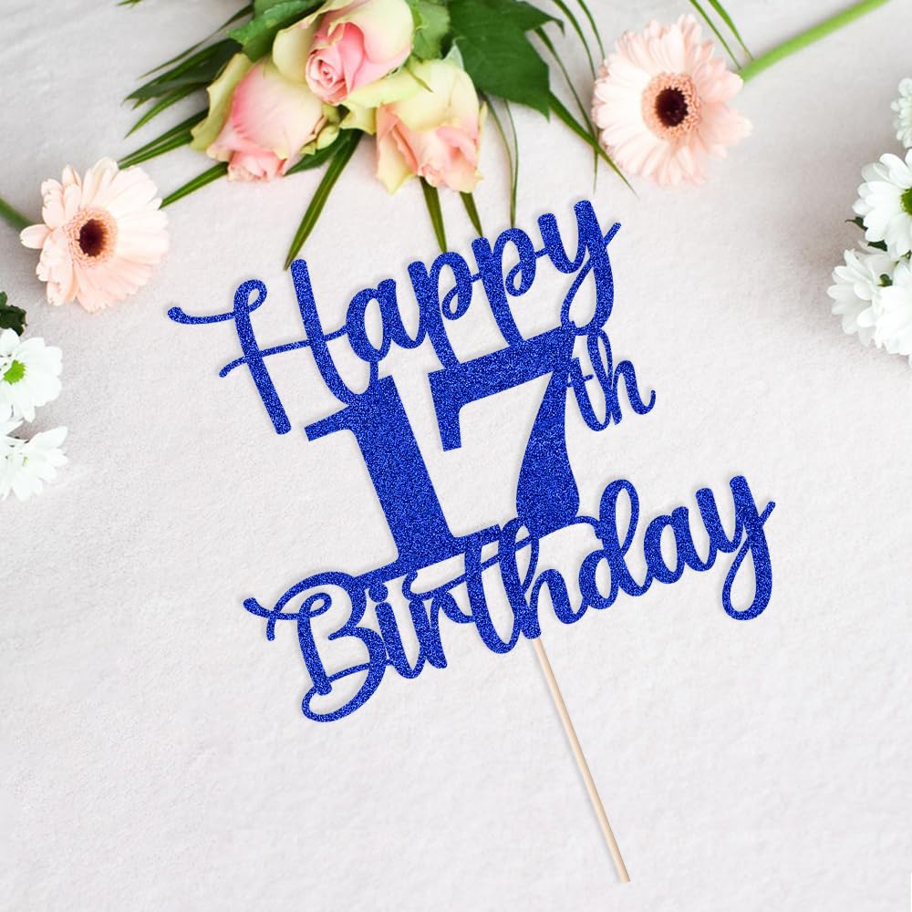 Kaoenla Glitter Happy 17th Birthday Cake Topper,Hello 17?Cheers to 17 Years,17th Anniversary /17 years old birthday Party Deco (17th, blue)