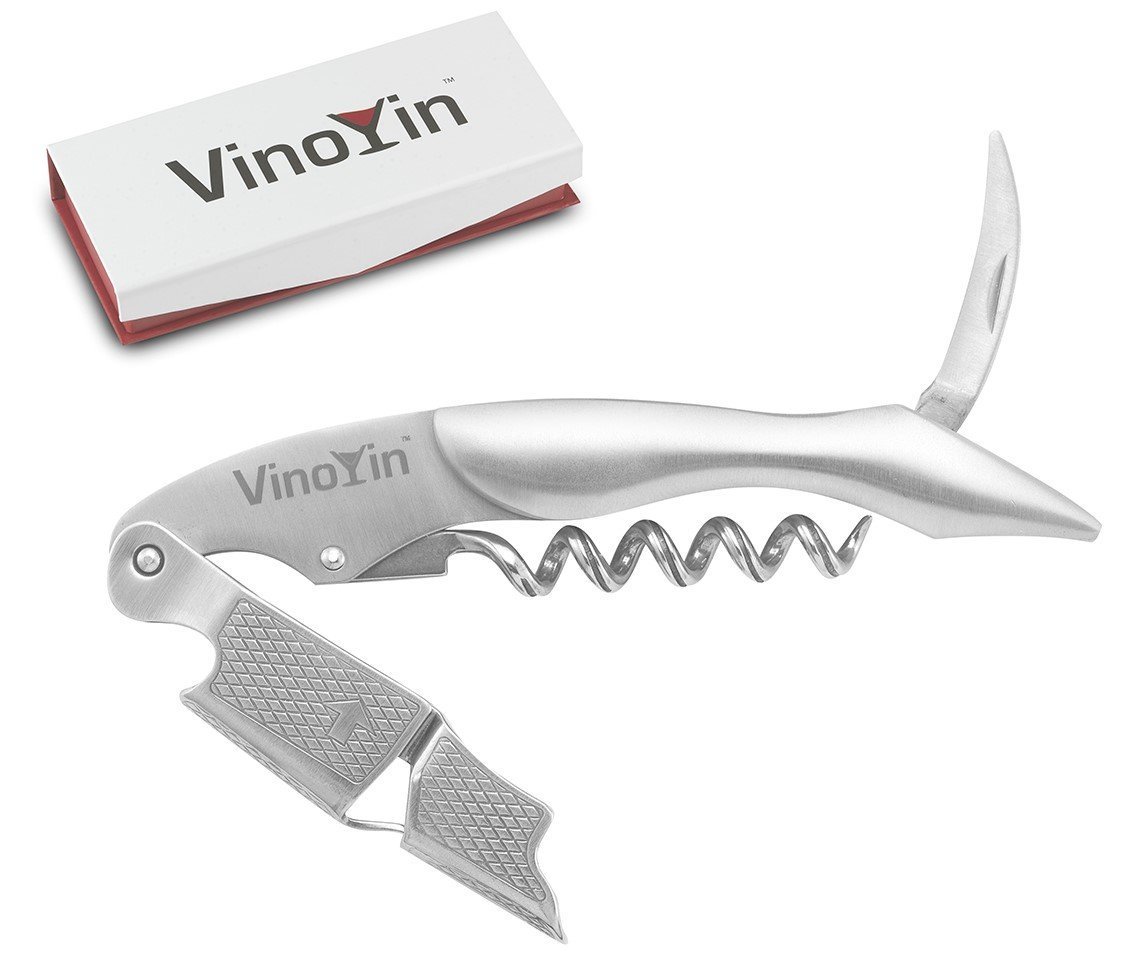 All In One Waiter's Corkscrew Gift Set - Stainless Steel Cool Silver Color - Includes Wine & Beer Bottle Opener and Foil Cutter, with Gift Box by VinoYin