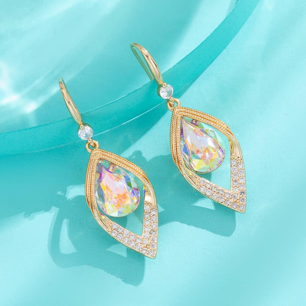 Austrian Crystal Teardrop Hollow Leaf Drop Dangle Earrings for Women 14K Rose Gold Plated Hypoallergenic Jewelry - Image 9