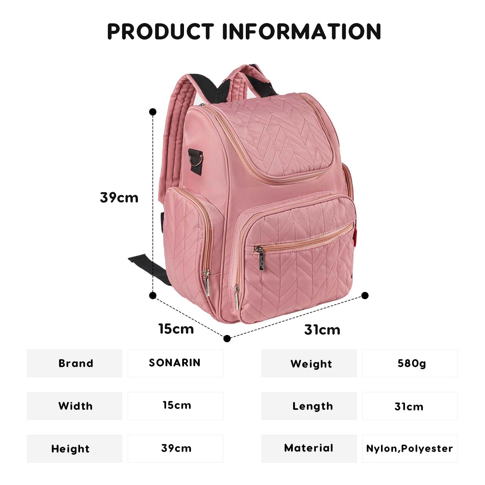 SONARIN Impermeabile Leggero Zaino Fasciatoio,Borsa per Pannolini Multifunzionale Zaino Mamma Neonato Borsa Fasciatoio da Viaggio Portatile con Fasciatoio & Ganci per Passeggino(Rosa)