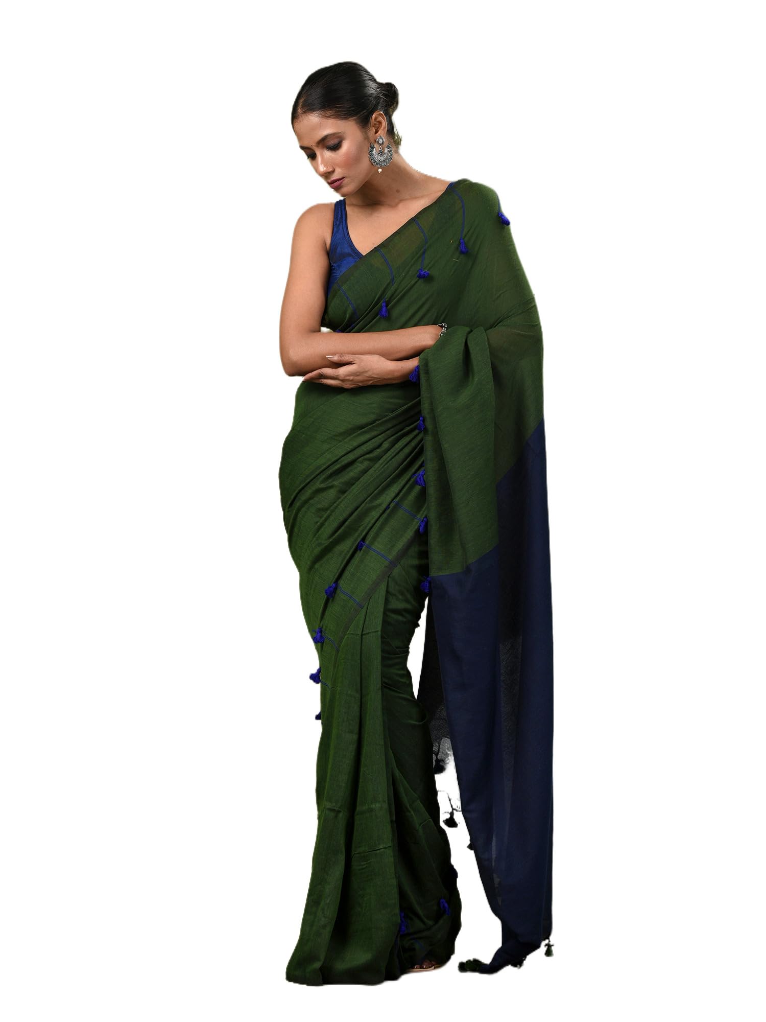 Green Cotton Soft Saree With Pompom-image-30